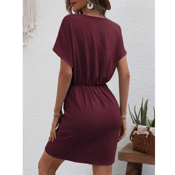 Burgundy Wrap Side Tie Mini Dress Short Sleeves - Picture 3 of 9